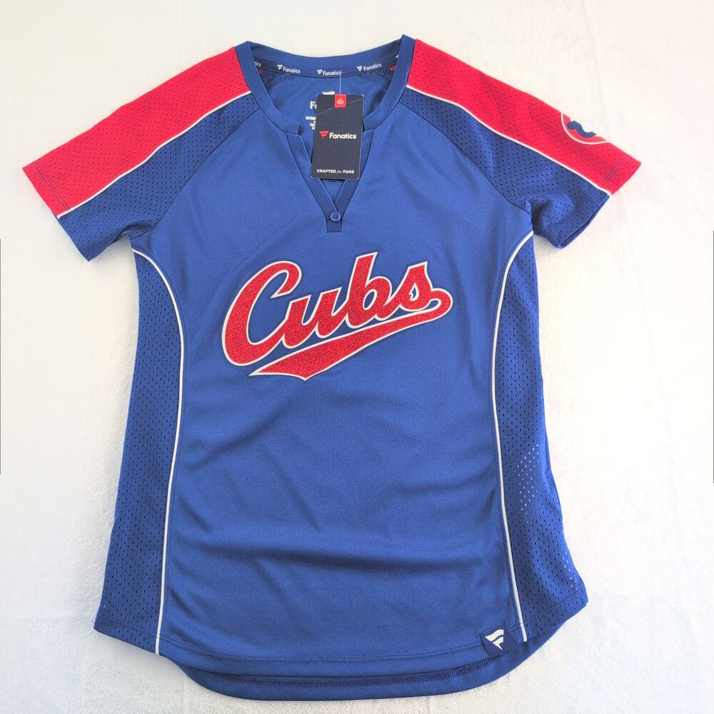 Chicago Cubs Women's Small NWT Fanatics Royal/Red True Classic Pinstripe Raglan